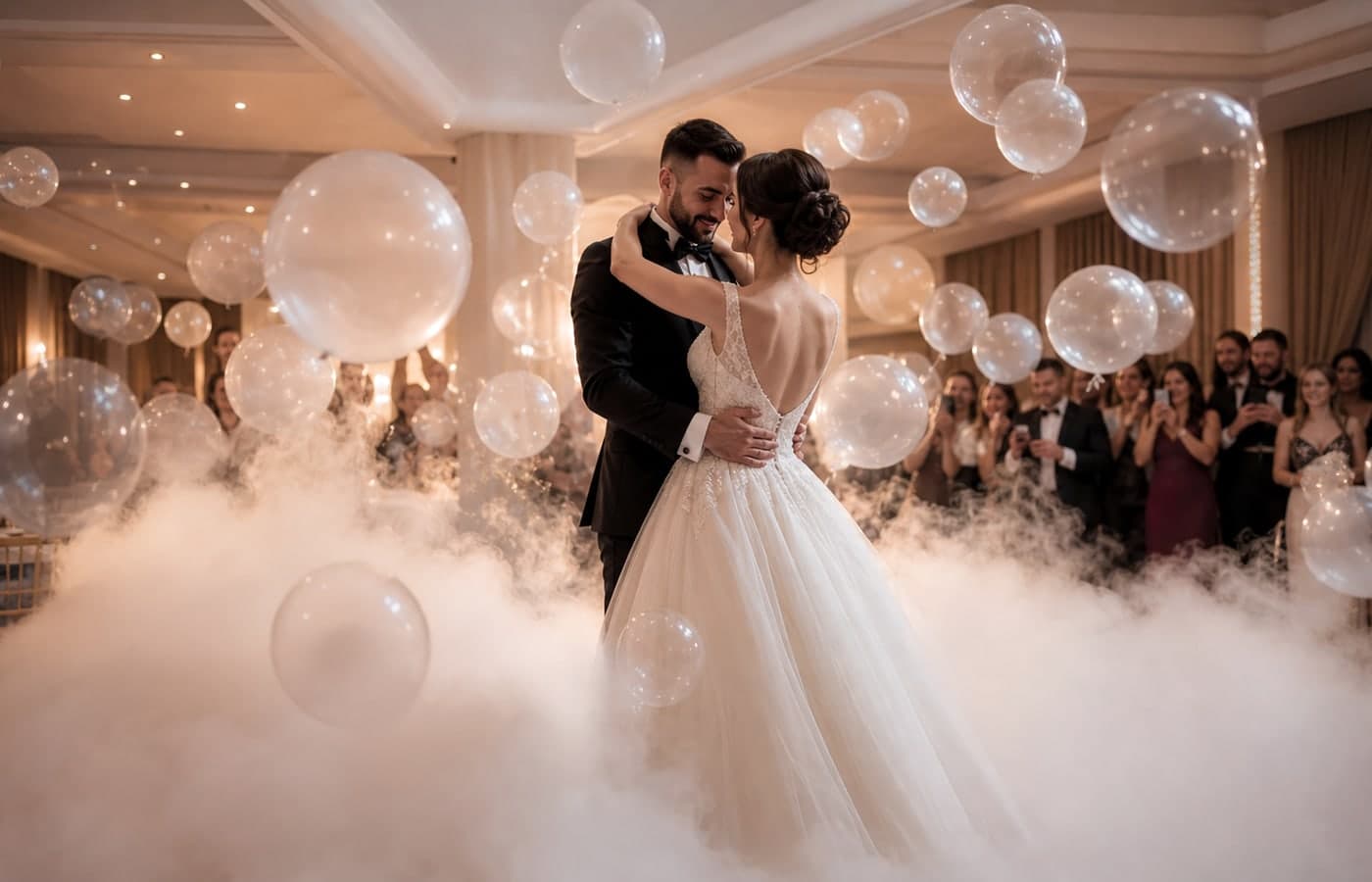 Mirii dansand printre baloane mari si fum, la un eveniment Bloom Events