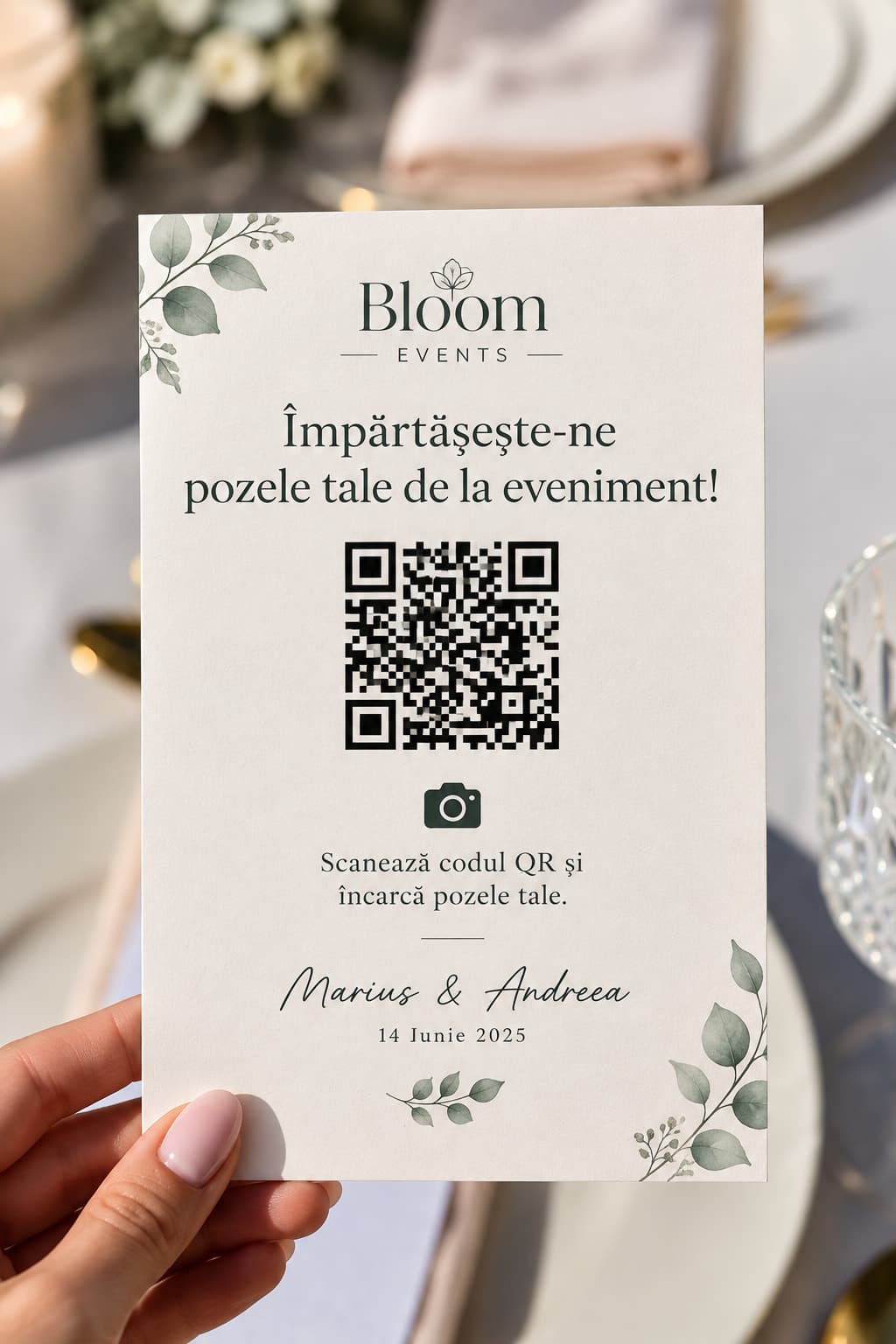 Card cu cod QR prin care invitatii trimit pozele de la eveniment